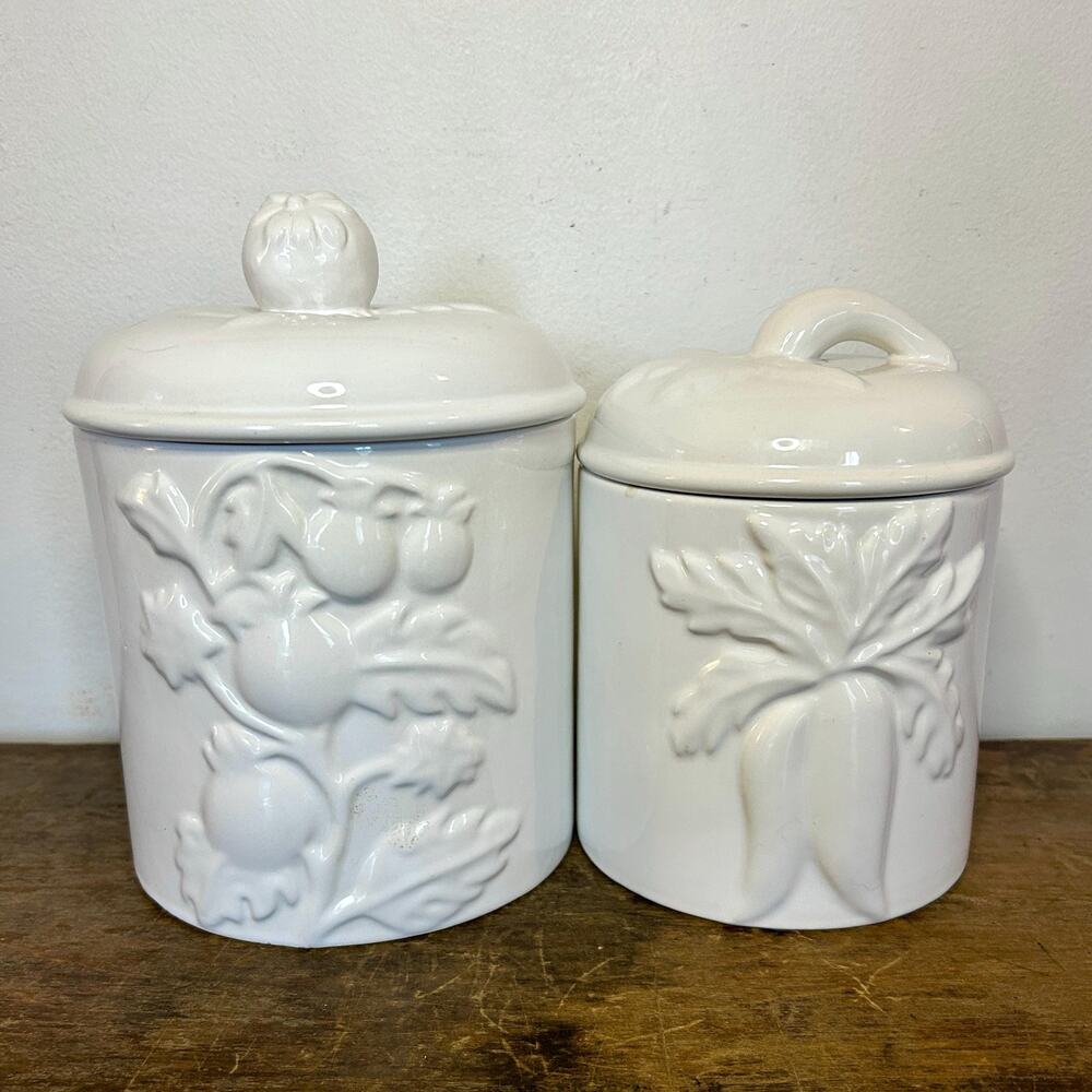 Vintage White Ceramic Vegetable Kitchen Canister Set | Cottagecore Rustic